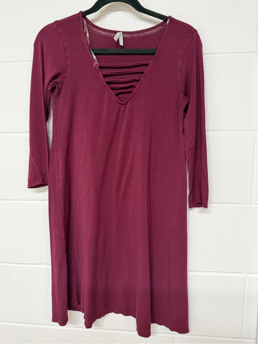 Vanity Burgundy Long Sleeve V-Neck Ladder Detail Dress